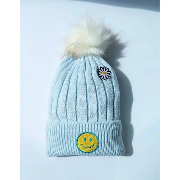 Aqua Women's Patch Pom-Pom Knit Hat Light Blue O/S (MSRP $58) - Picture 1 of 4